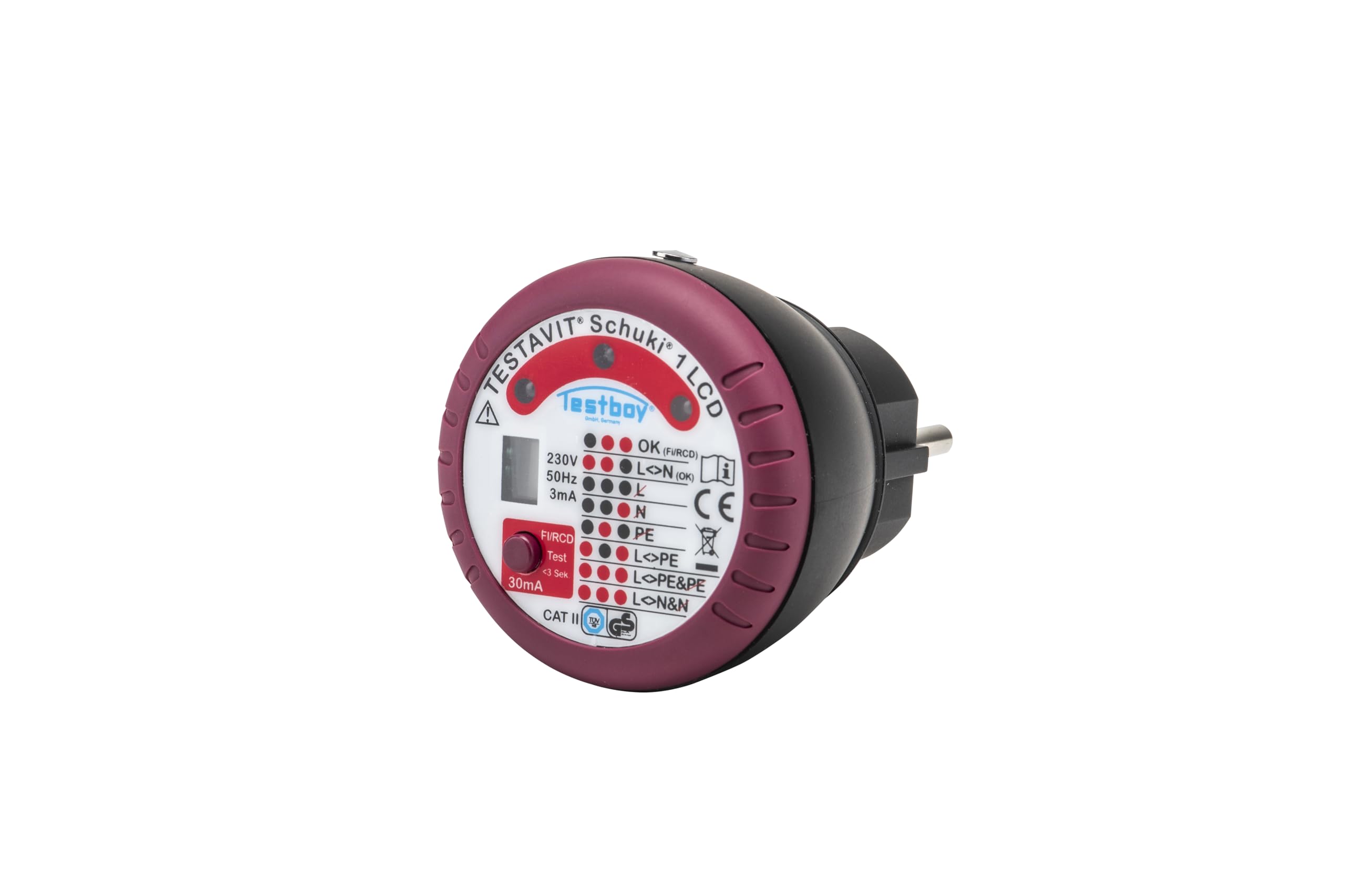 Testavit Schuki 1 LCD socket tester with FI test and finger contact for checking the protective conductor connection (LED display, safe checking), red/black