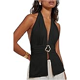 Verdusa Women's Tie Backless Halter Top Deep V Neck Y2k Clothes Sleeveless Fitted Sexy Going Out Tops