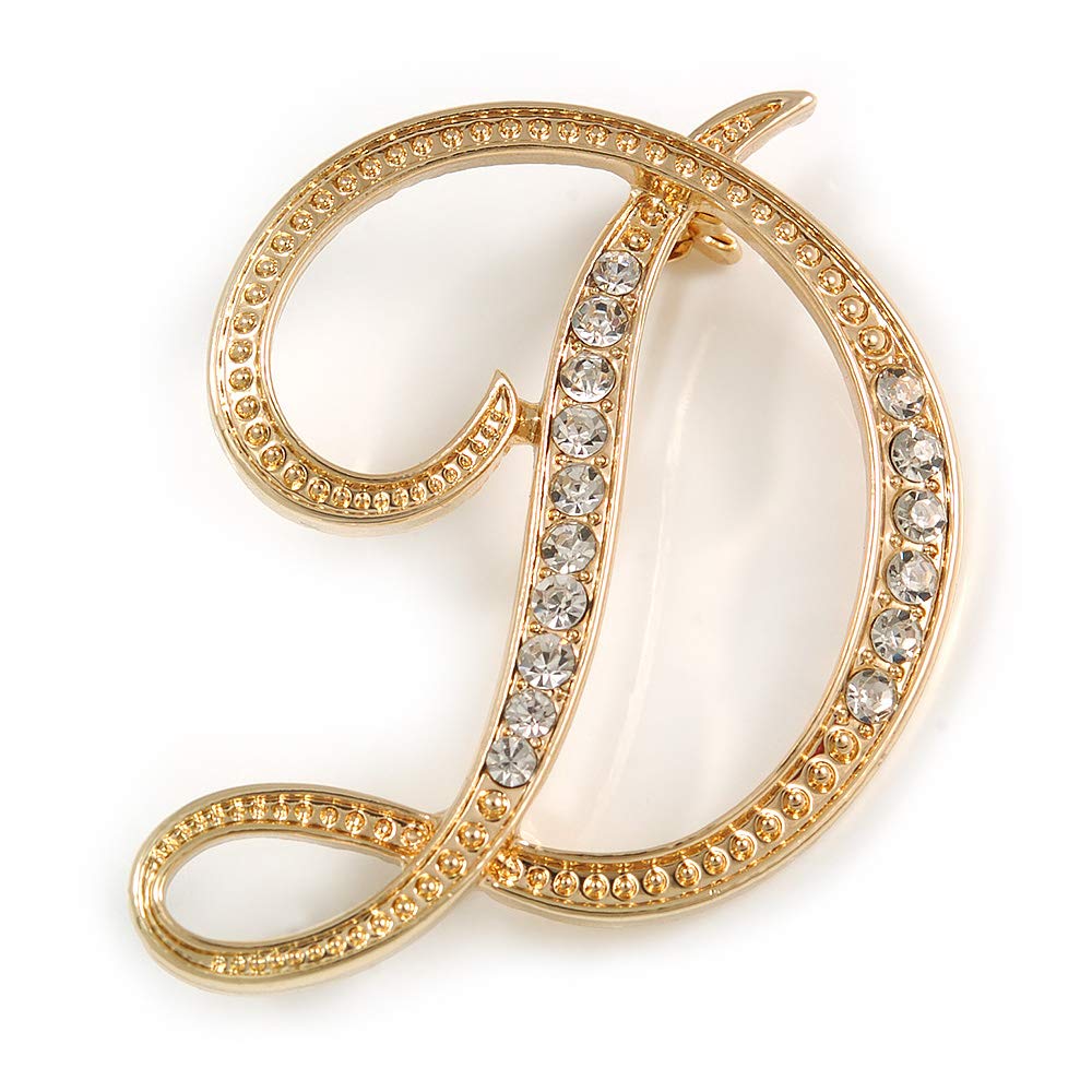 'D' Gold Plated Clear Crystal Letter D Alphabet Initial Brooch Personalised Jewellery Gift - 45mm Tall