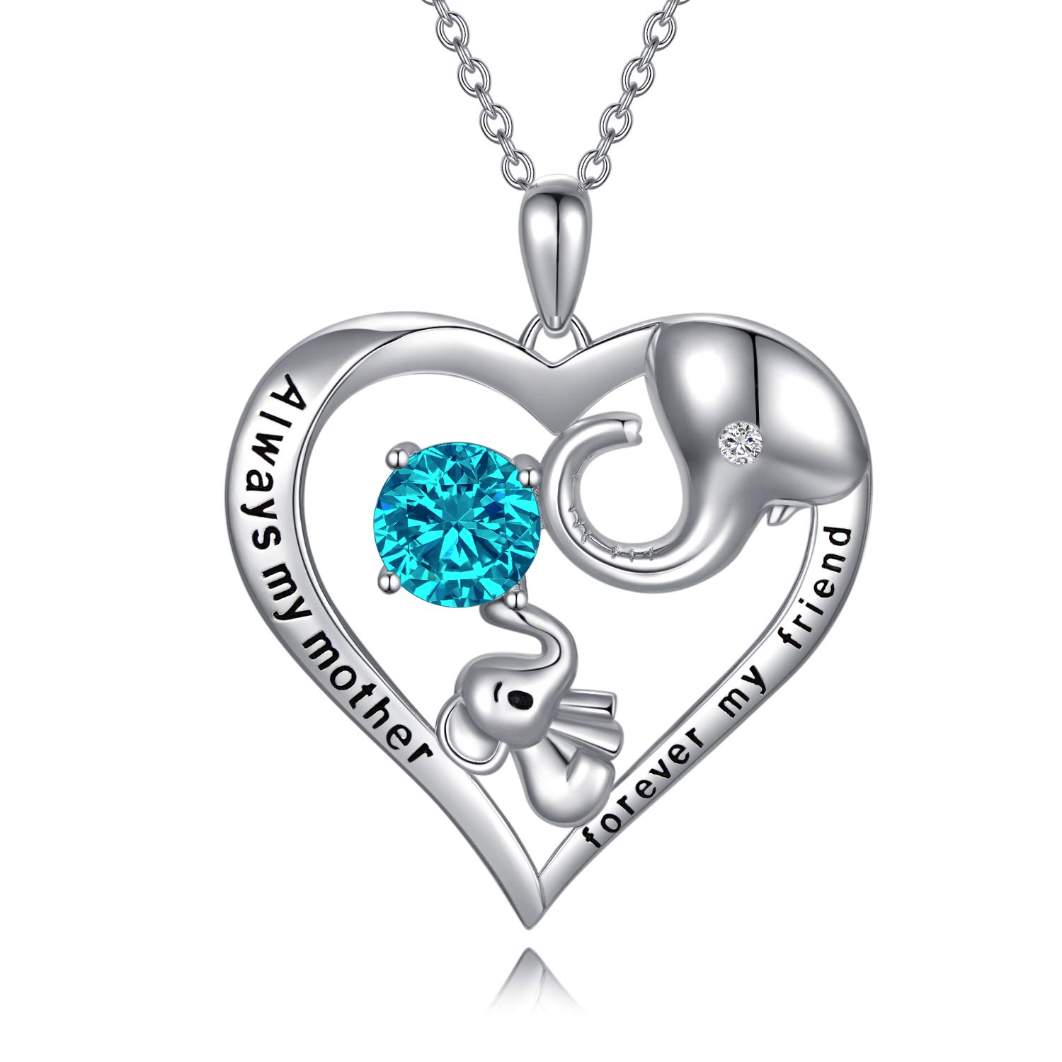 Mum Necklace Sterling Silver Love Heart Lucky Elephant Necklace with Birthstone Crystals, Birthday Mothers Day Jewellery Gifts for Mum from Daughter Son (Simulated Blue Zircon) — image 1