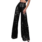 Sequin Pants Women Fashion High Waist Pant Sparkly Wide Leg Trousers Elastic Loose Side Zipper Shiny Pants