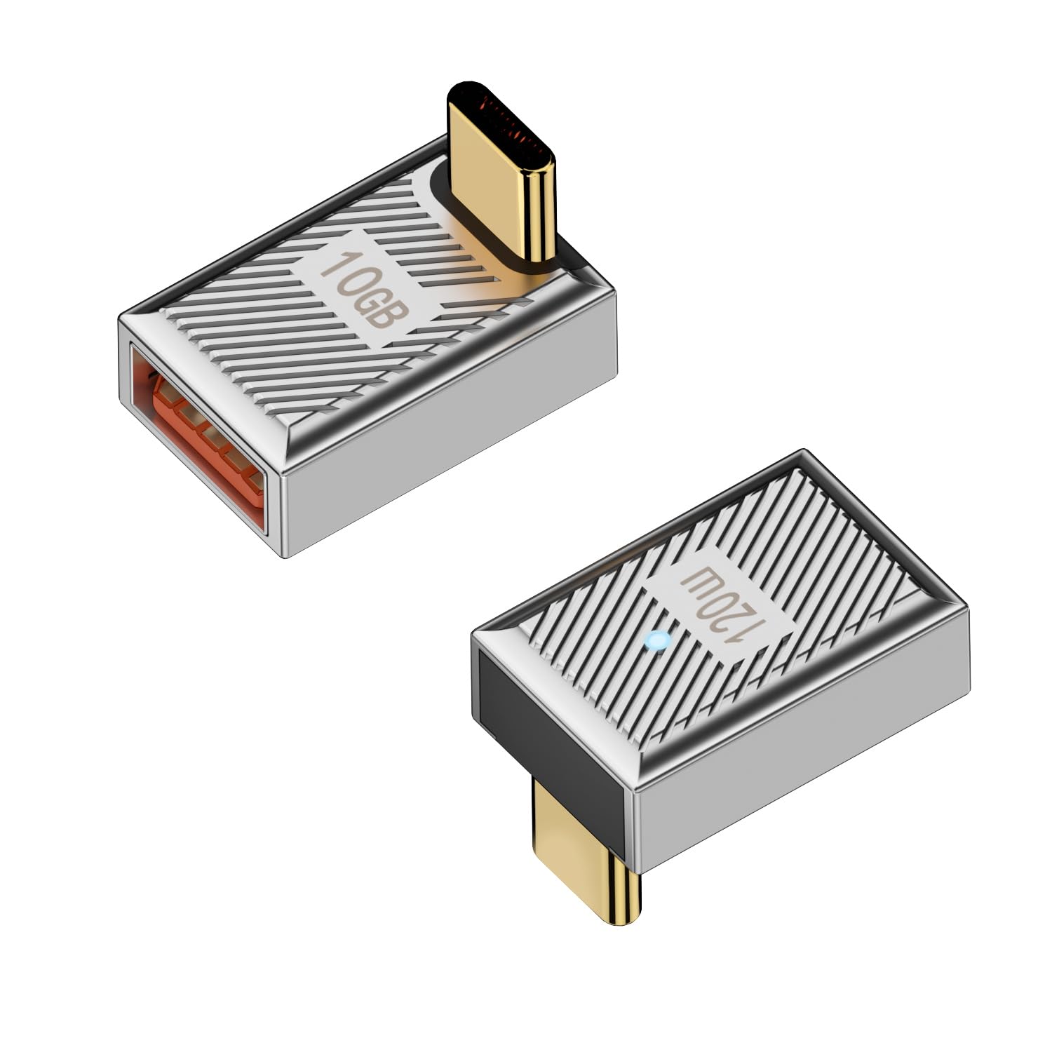 QIANRENON 120W 90° Angle USB C to USB3.1 OTG Adapter 10Gbps USB C Male to USB3.1 Female Right Angle Data Connector 24V5A Charging/Zn Alloy/LED, for Phone Tablet Steam Deck, Silver/Positive Bend, 2Pcs