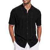DEVOROPA Mens Button Down Knit Shirts Short Sleeve Casual Collared Hollow-Out Summer Beach Polo Shirt Vacation Sweater Tops