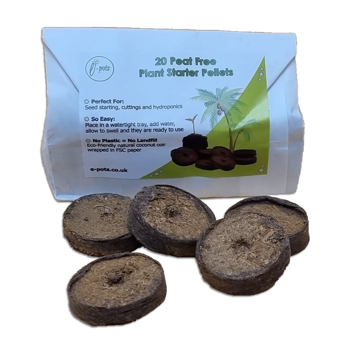 Plant Starter Pellets 36mm x 20 Made With Coco Coir Wrapped in FSC Paper | In Plastic Free Packaging | 100% Natural Coconut Fibre Growing Medium | Easy to Use Compressed Soil Pellets