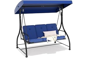 FUNG YARD 3-Seat Patio Swing Chair Outdoor Heavy Duty Steel Frame with Adjustable Canopy Removable Cushions - All Weather Porch Swings Glider for Backyard, Garden, Poolside - Navy Blue