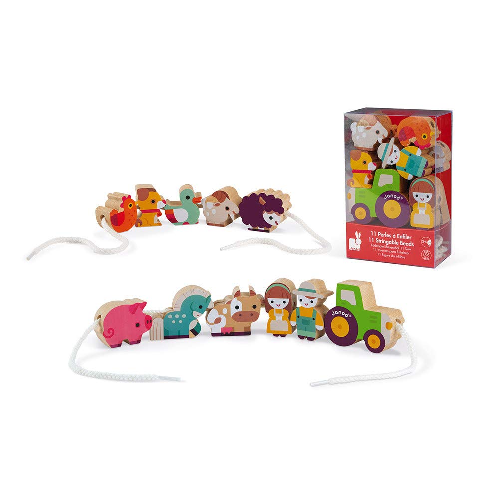 Janod - Threading Beads - Farm Theme - Develops Fine Motor Skills-FSC Wood Toy-Early-Learning Game-24 Months +