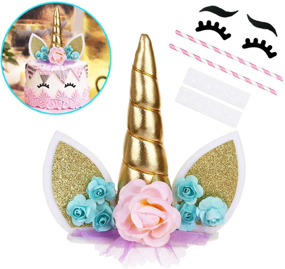 OWILL Unicorn Cake Topper with Eyelashes Party Cake Decoration Supplies for Birthday Party Wedding Baby Shower 5.8 inch (Green Flower Gold Horn)