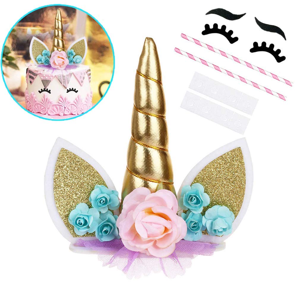 OWILL Unicorn Cake Topper with Eyelashes Party Cake Decoration Supplies for Birthday Party Wedding Baby Shower 5.8 inch (Green Flower Gold Horn)
