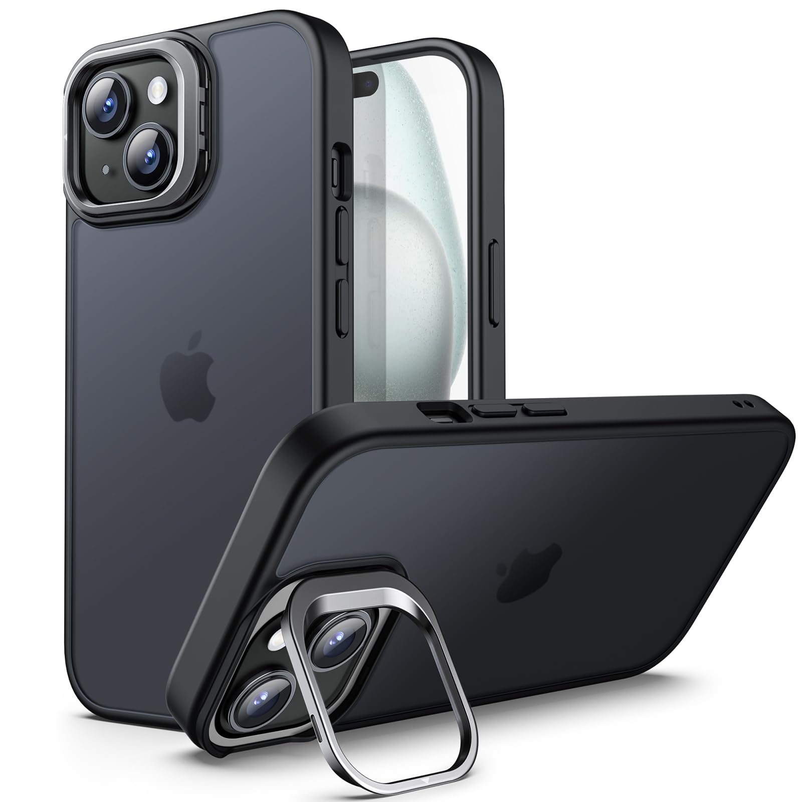 JETech Kickstand Case for iPhone 15 Plus 6.7-Inch, Built-in Adjustable Camera Stand, Military Grade Drop Protection, Frosted Translucent Matte Back Shockproof Phone Cover (Black)