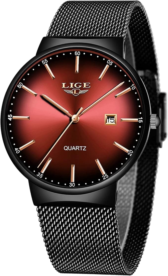 LIGE Mens Watch, Ultra-Thin Watches for Men, Quartz Analog, Stainless Steel 30M Water Resistance, Calendar Function, Classic & Elegant Style, Luxury Business Casual Style, Red