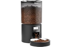 Miaosical Automatic Cat Feeder,5.2L Flexible Schedule Timer,6 Meals/Day,1-12 Portions/Meal,Dual Power Auto Feeder Dry Food Dispenser,10S Voice Record,for Cats & Small Dogs (Black,Stainless Steel Bowl)