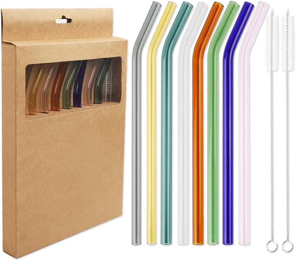 Tomnk Reusable Glass Drinking Straws, Set of 8 Bent Straws with 2 Cleaning Brushes Multi Color Shatter Resistant Eco Friendly Straws