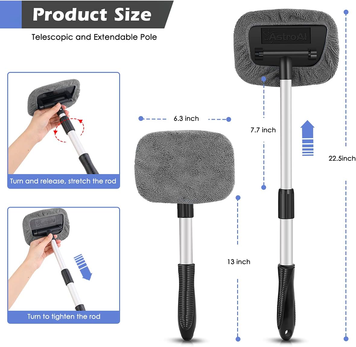 AstroAI Car Window Cleaner, 8 Reusable and Washable Microfiber Pads, Windshield Cleaning Tool with Telescopic and Extendable Handle Auto Inside Glass Wiper Kit, Gray, 2 Pack: Automotive