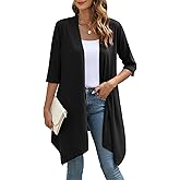YSYOKOW Women's Open Front Cardigan Lightweight Soft Knit 3/4 Sleeve High-Low Draped Hem Loose Casual Duster(Black, X-Large)