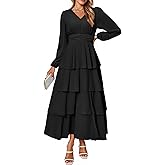 BerryGo Womens Flowy Maxi Dress Chiffon Long Sleeve Slit V Neck Casual Ruffle Tiered Boho Fall Wedding Guest Long Dress