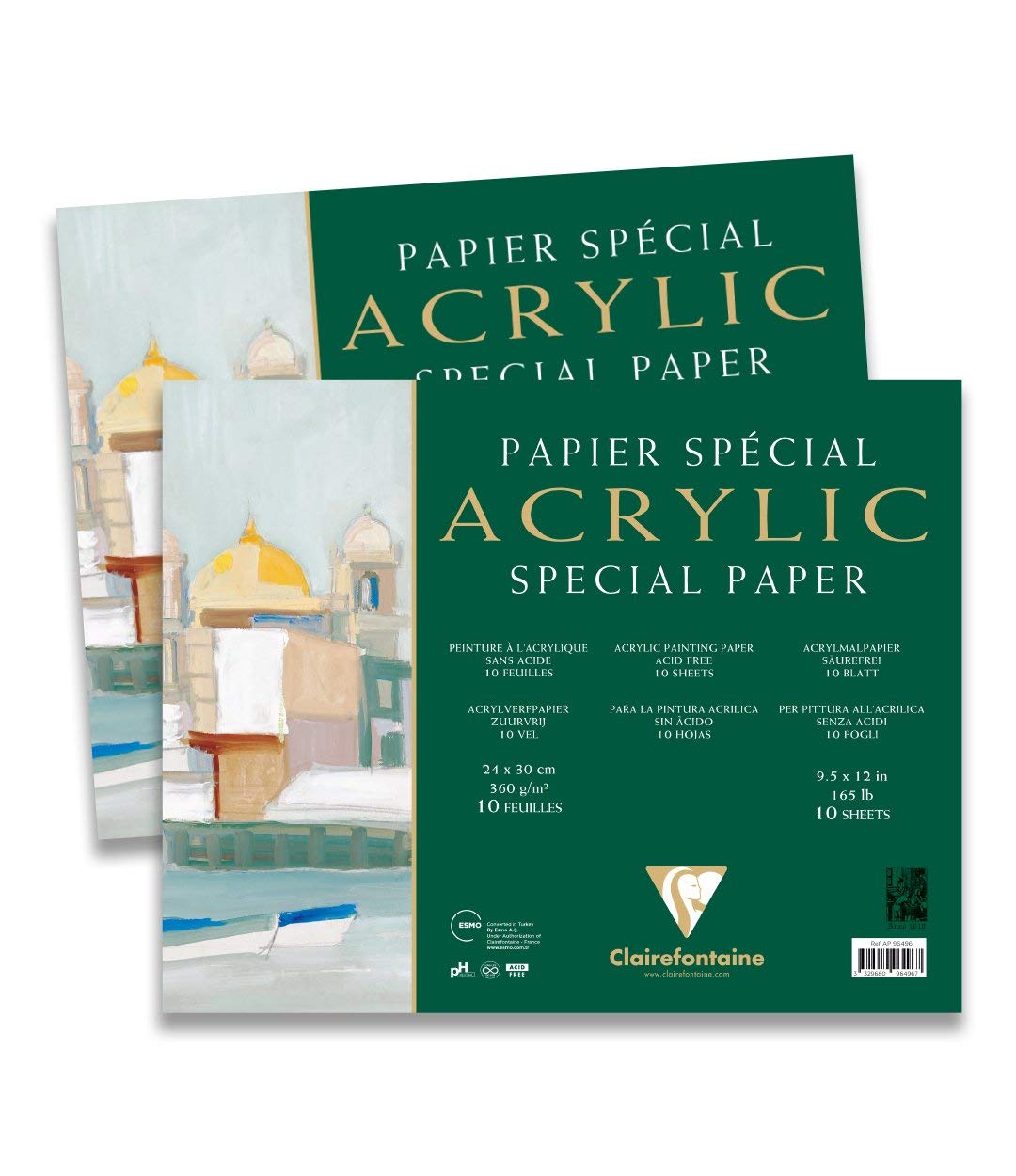 Clairefontaine - Ref 96496C - Acrylic Paper Pad (10 Sheets) - 24 x 30cm in Size, 360gsm Paper, Acid Free, pH Neutral - Suitable for Use With Acrylic & Gouache Paints