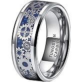 TUTISS 6mm 8mm Blue Red Green Carbon Fiber Steampunk Gear Inlay Tungsten Rings for Men Women Wedding Bands Beveled Edges Polished Comfort Fit