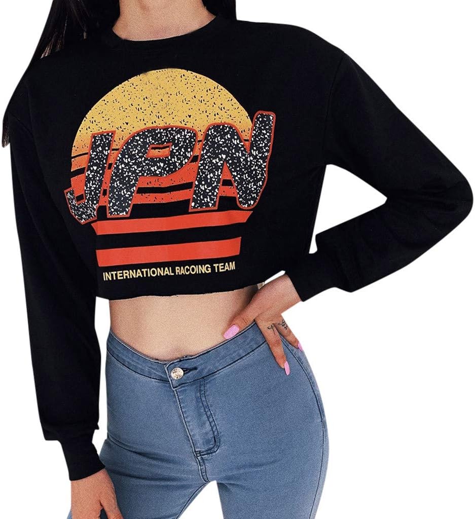 PAQOZ Women Letter Print T-Shirt Top Ladies Loose Long Sleeve Top Sweater Blouse