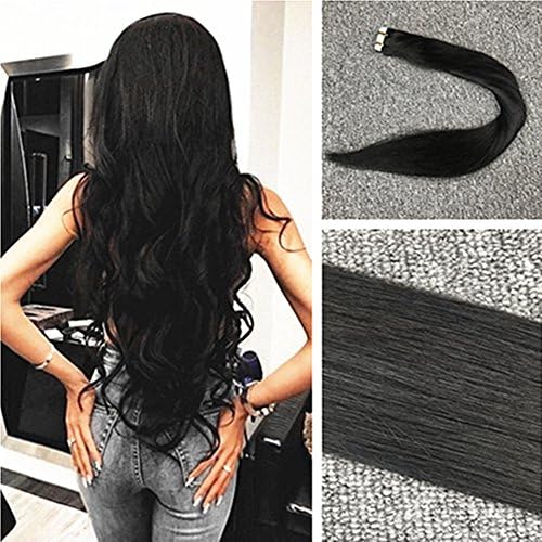 Komorebi 24" 50 Gram/Package 2.5g Per Piece 20 Pieces Tape Extensions Real Human Hair Skin Weft Invisible Tape Extensions Thick End PU Tape Hair #1 Jet Black