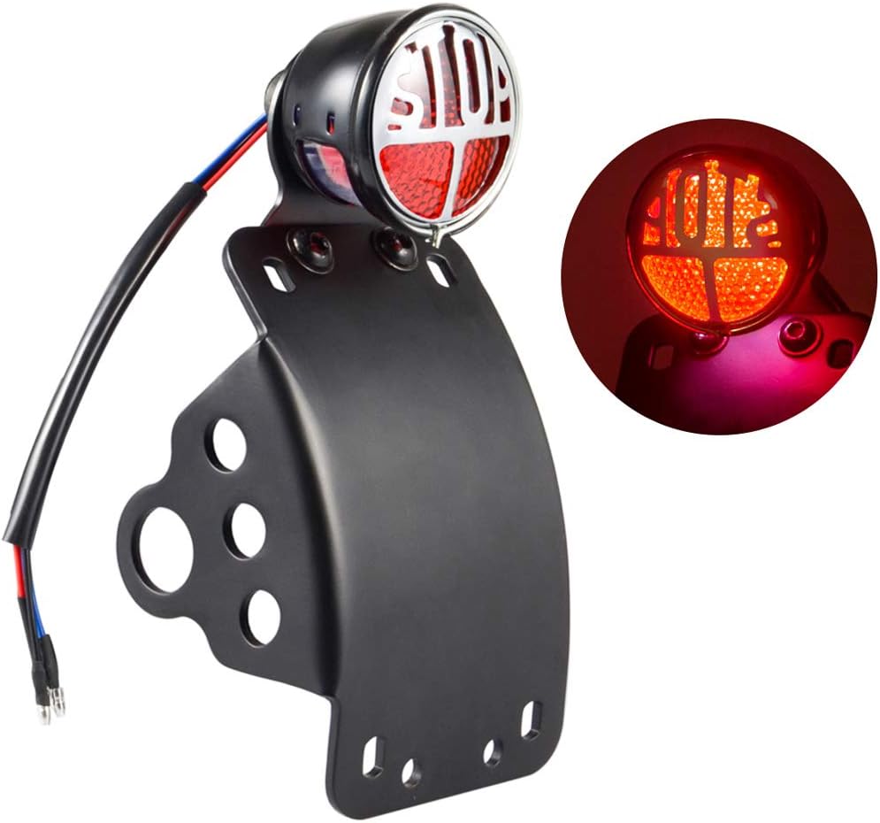 Benlari Motorcycle Side Mount License Plate Light Brake Tail Light 1 Inch License Plate Bracket Holder Compatible for Harley Davidson Bobber Chopper Honda Yamaha Kawasaki Cruiser (Curved)