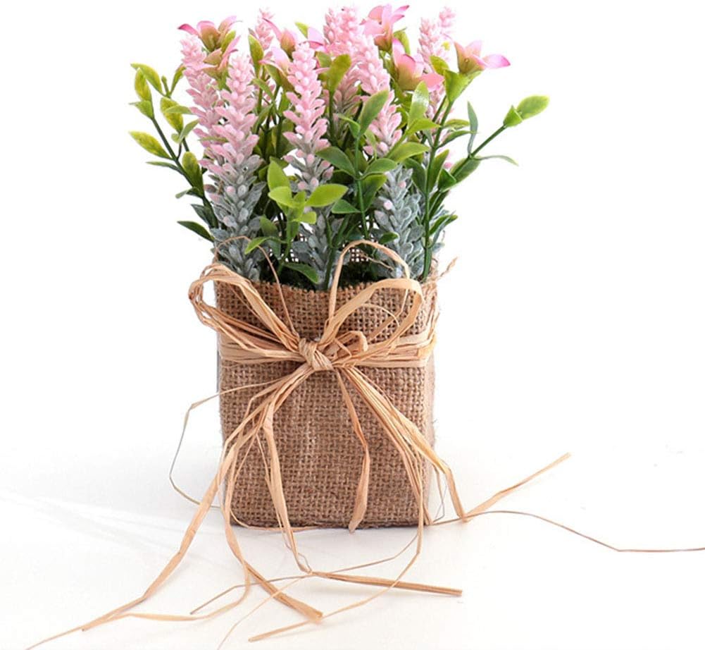 Amazon Com Dameing Artificial Flower Bonsai Flower Arrangement Flowers Pot With Hemp Rope And Linen Burlap Potted Lavender Flowers For Farmhouse Living Room Office Desk Shelf Home Decor Kitchen Dining