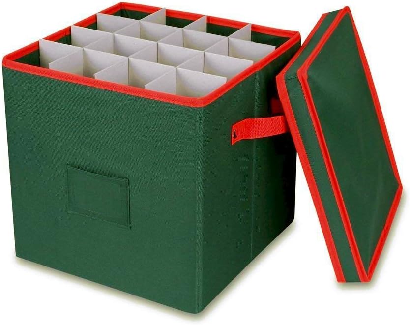 Christmas Ornament Storage Box with Lid - Adjustable Dividers and 4 Adjustable Layers - Holds up to 64 Round Ornaments - Holiday Storage (Green)