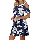 Misyula Style Womens Summer Cold Shoulder Floral Flowy T-Shirt Dress with Pockets