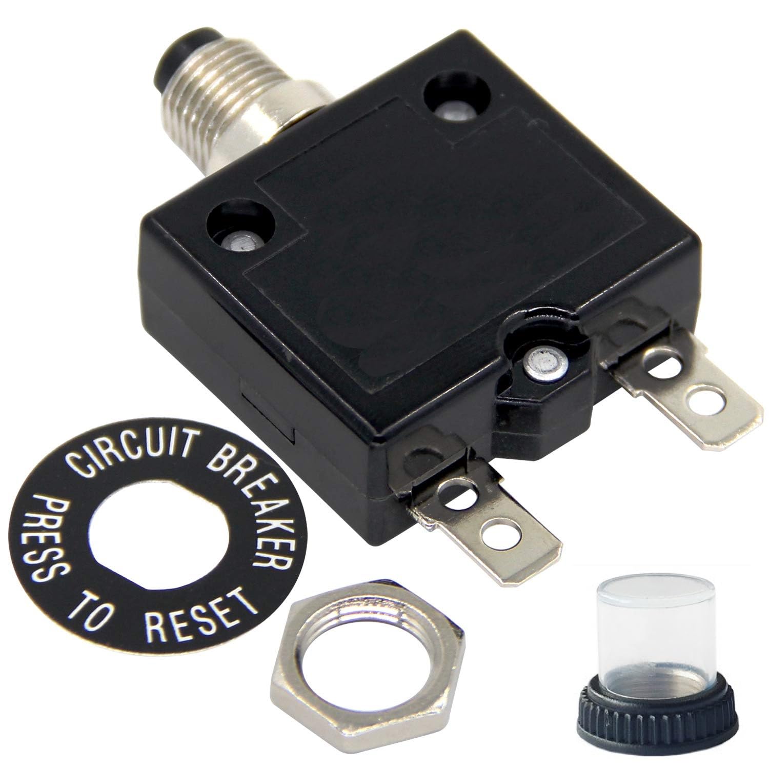 MiJunHD 40A Manual Reset Circuit Breaker,98 Series 125/250VAC Quick Connect Terminal Over Current Overload Protector Push Button Reset Switch with Waterproof Button Cover (1Piece)