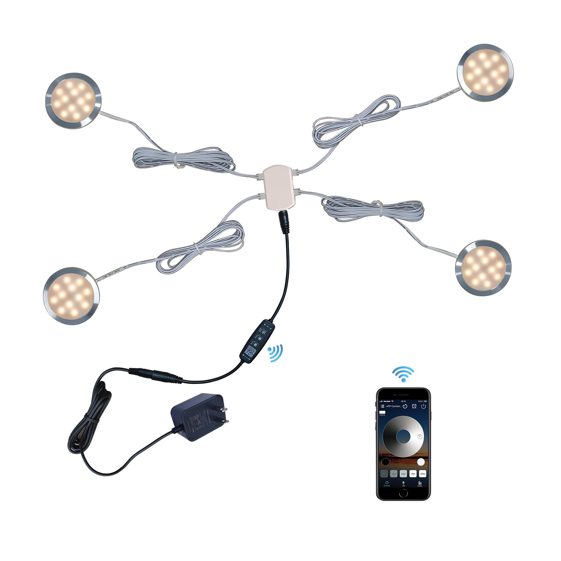 Photo 1 of CRISETEK Puck Lights Bluetooth APP Smart Control Dimmable Tact Switch Under Cabinet Light Cabinet Lighting Cabinet Lights DC 12V Adaptor (Silver, Warm White Light, APP 4Pack)