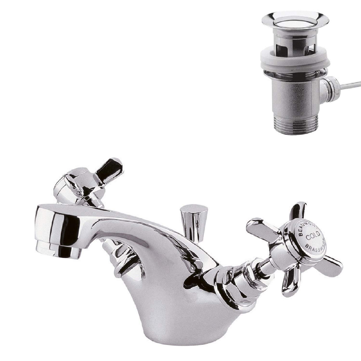 nuie I345X Beaumont Traditional Bathroom Crosshead Handle Mono Basin Mixer Tap with Pop-Up Waste, 105 x 50 x 155mm , Chrome