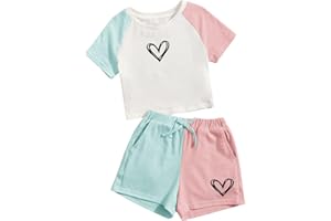 SOLY HUX Girl's Colorblock Heart Print Raglan Short Sleeve T Shirt and Shorts 2 Piece Summer Outfit
