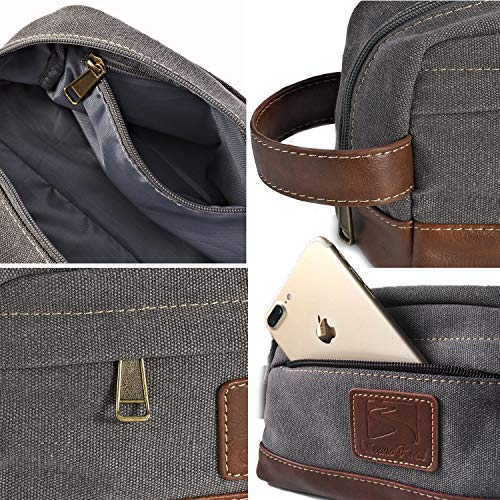 Toiletry Bag Travel Canvas Mens Leather Makeup Bag Organizer Cosmetic Bag Mens Shaving Bag Dopp Kits Large (Gray)