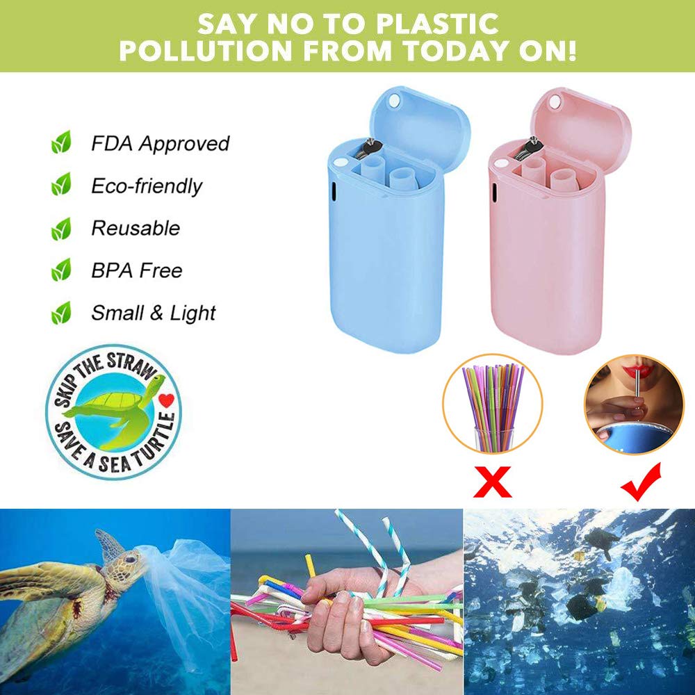 Tegutor 2 Pack Collapsible Reusable Straws, Stainless Steel Folding Drinking Food-Grade Silicone Straw, Portable with Hard Case Holder and Cleaning Brush for Party, Travel, Outdoor, Household, etc
