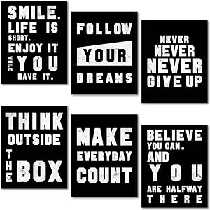 Inspirational Wall Art Poster, Motivational Quotes Wall Art Pictures, Positive Canvas Sayings for Office Living Room Wall Decor (Set of 6, 8X10 Inch, Unframed)