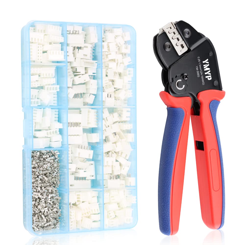 YMYP Open Barrel Terminal Wire Connector Cable Crimping Tool with 720PCS JST-XH Kit- 24-16 AWG (0.25-1.5mm²) Crimper for AMP-TE 2.8/4.0/4.8/6.3 JST-SM2.54/XH2.54/VH3.96 & Molex (DX-YM-58BS+720PCS)