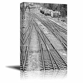 Canvas Prints Wall Art - The Panorama of Railroad Tracks/Railway in Black and White Vintage Style | Modern Wall Decor/Home Decoration Stretched Gallery Canvas Wrap Giclee Printd - 12" x 18"