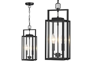 MYHXQ Large Outdoor Pendant Light 2-Light, 17.75'' Modern Black Metal Outside Chandelier Exterior Hanging Fixture Ceiling Mount with Clear Glass for Front Porch Entrance Entryway, 1 Pack