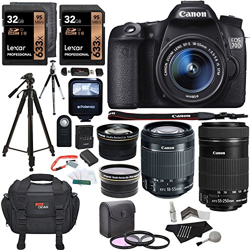 Canon EOS 70D 20.2 MP SLR Camera AF Full HD 1080p Video + EF-S 18-55mm f/3.5-5.6 IS STM Lens + 55-250mm f/4-5.6 Image Stabilizer Zoom Lens + .43x Wide Angle & 2.2X Telephoto Lens + Accessory Bundle