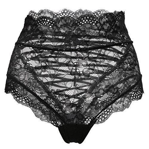 Fashine Women's Sexy Hollow Out Lace High Waist Briefs Underwear Panties (M, Black)