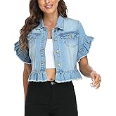 MISS MOLY Women's Denim Jacket Ruffle Sleeve Button Down Distressed Summer Cropped Jean Jackets