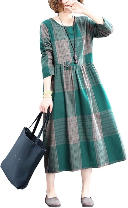 マキシワンピース チェック柄 レディースファッション 綿麻 エレガント 秋冬大きいサイズ ゆったり長袖ワンピース リネン ワンピース チュニック 通販 Amazon
