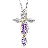 Cross Necklace For Women In 925 Silver and 10K Yellow Gold with Amethyst and Lab Grown Diamond and Tanzanite | 1.16 Cttw | Jesus Christian Religious Crucifix | Marquise 8X4MM | With 18 Inch Chain