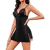 ETOSELL Women Sexy V-Neck Babydoll Lace Trim Sleepwear Spaghetti Strap Lingerie Nightgown Romantic Chemise with Thong