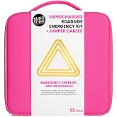 Supercharged Car Emergency Kit – 52-Piece Pink Roadside Safety Tools with Jumper Cables, Flashlight, Escape Tool & First Aid 