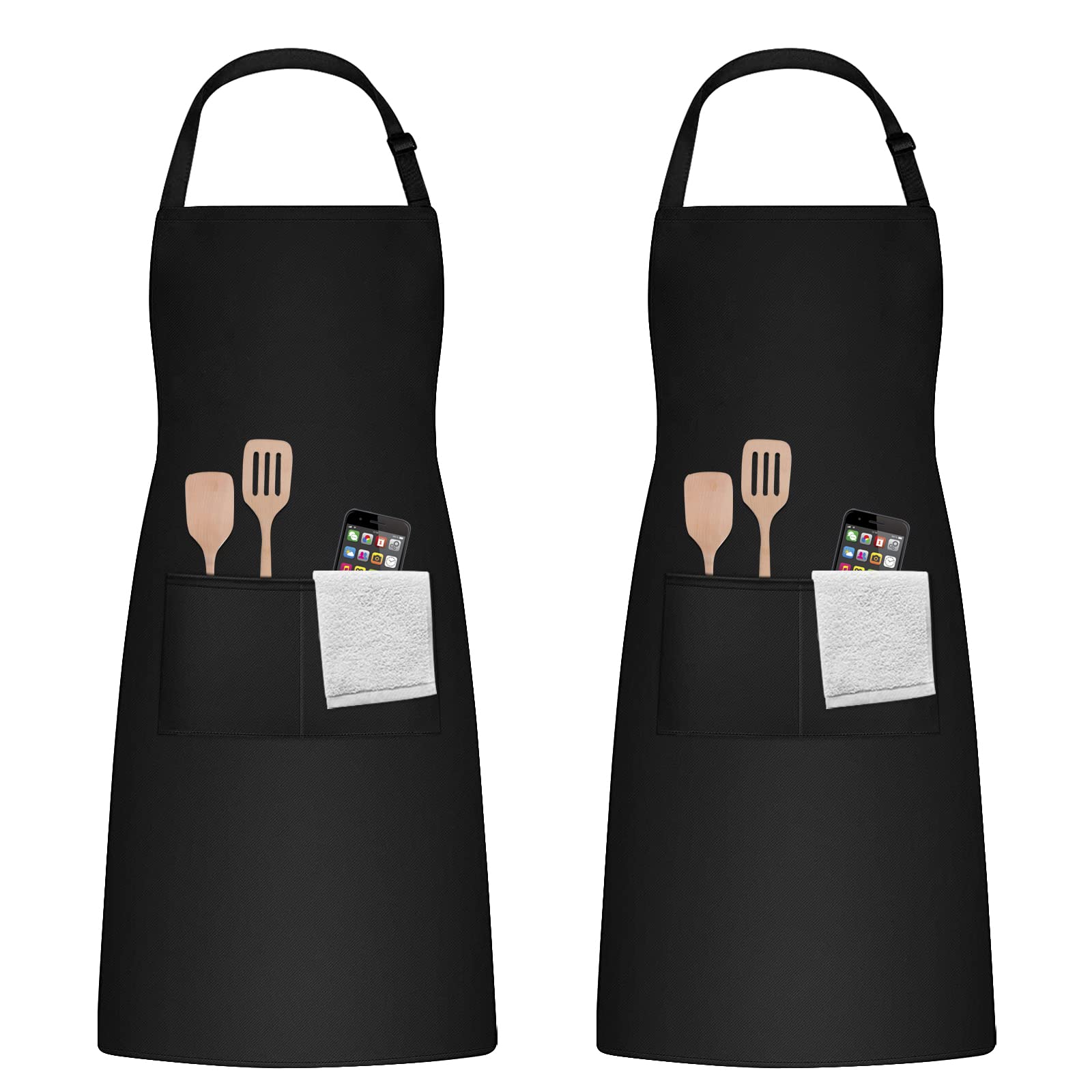 smatime 2Pcs Black Apron, Unisex Striped Cotton Linen Apron Adjustable Kitchen Apron With Pockets Men Women, Chefs Apron Professional For Baking Gardening Cooks Restaurant BBQ