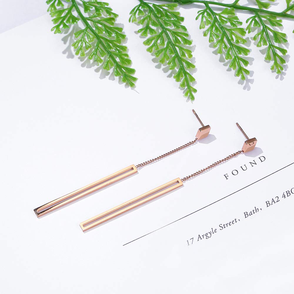 dnswez Rose Gold Long Straight Strip Earrings Drop Studs Stainless Steel for Women Dangle Line Earring Small Bar Fashion Jewelry