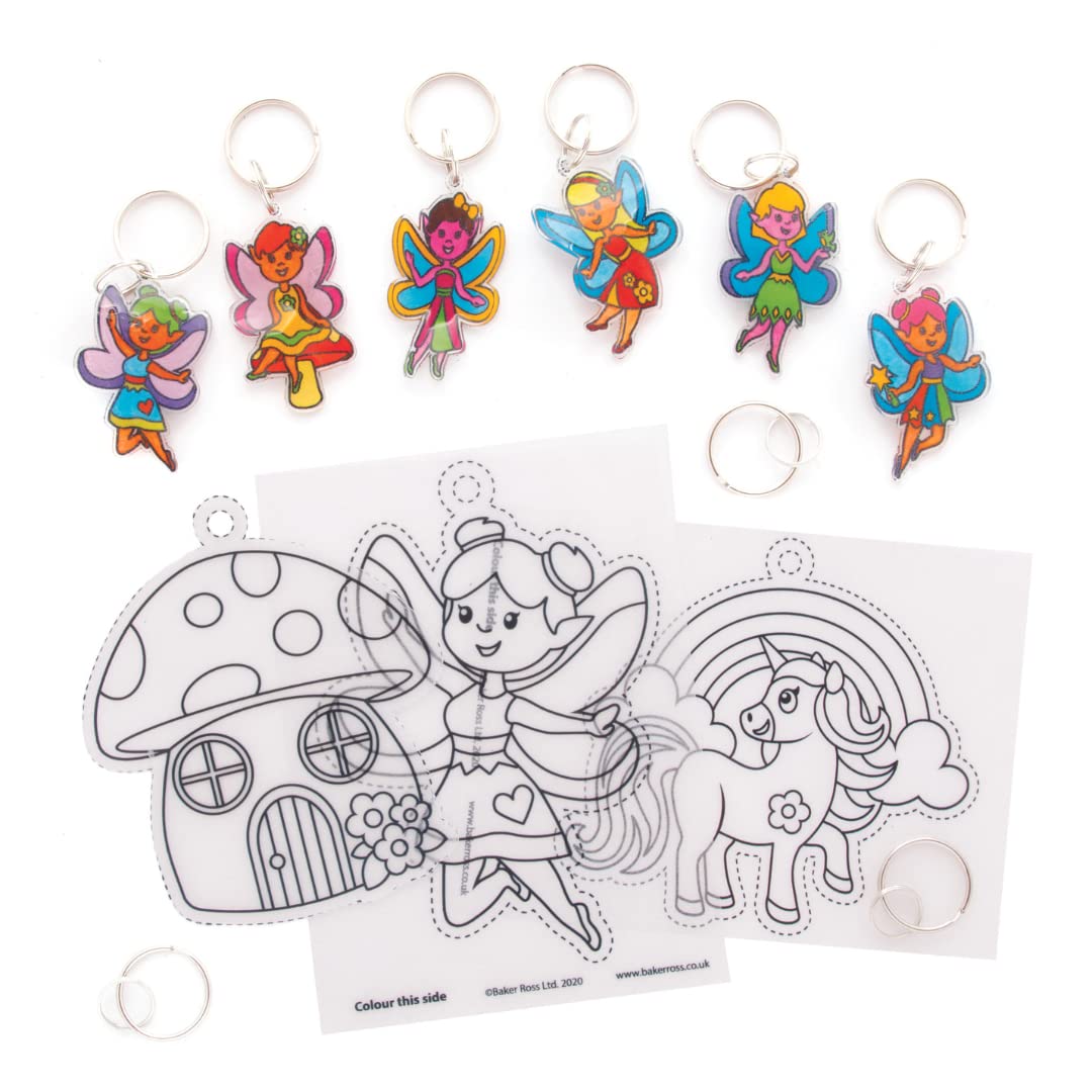 Baker Ross AX925 Fairy Super Shrink Keyrings - Pack of 8, Make Your Own Key Rings for Kids to Colour in, Make and Display, Fairy Shrink Art Keyrings, Black