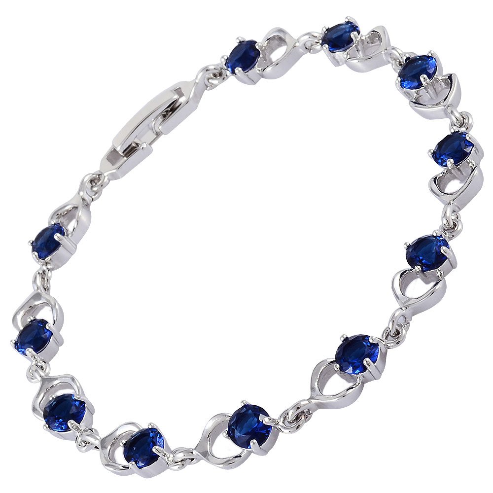 RIZILIA Tennis Bracelet [18cm/7inch] with Round Cut Gemstones CZ [Blue Sapphire] in 18K White Gold Plated, Simple Modern Elegance