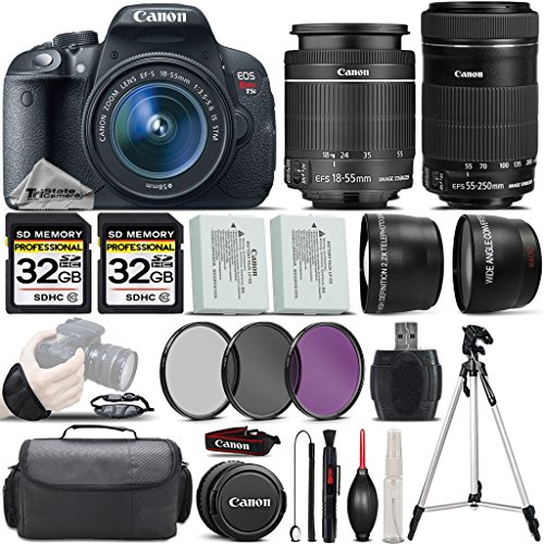 Canon EOS Rebel T5i DSLR Camera + Canon 18-55mm IS STM Lens + Canon 55-250mm IS STM Lens + 64GB Storage + 2.2x Telephoto Lens + 0.43X Wide Angle Lens + Backup Battery - International Version