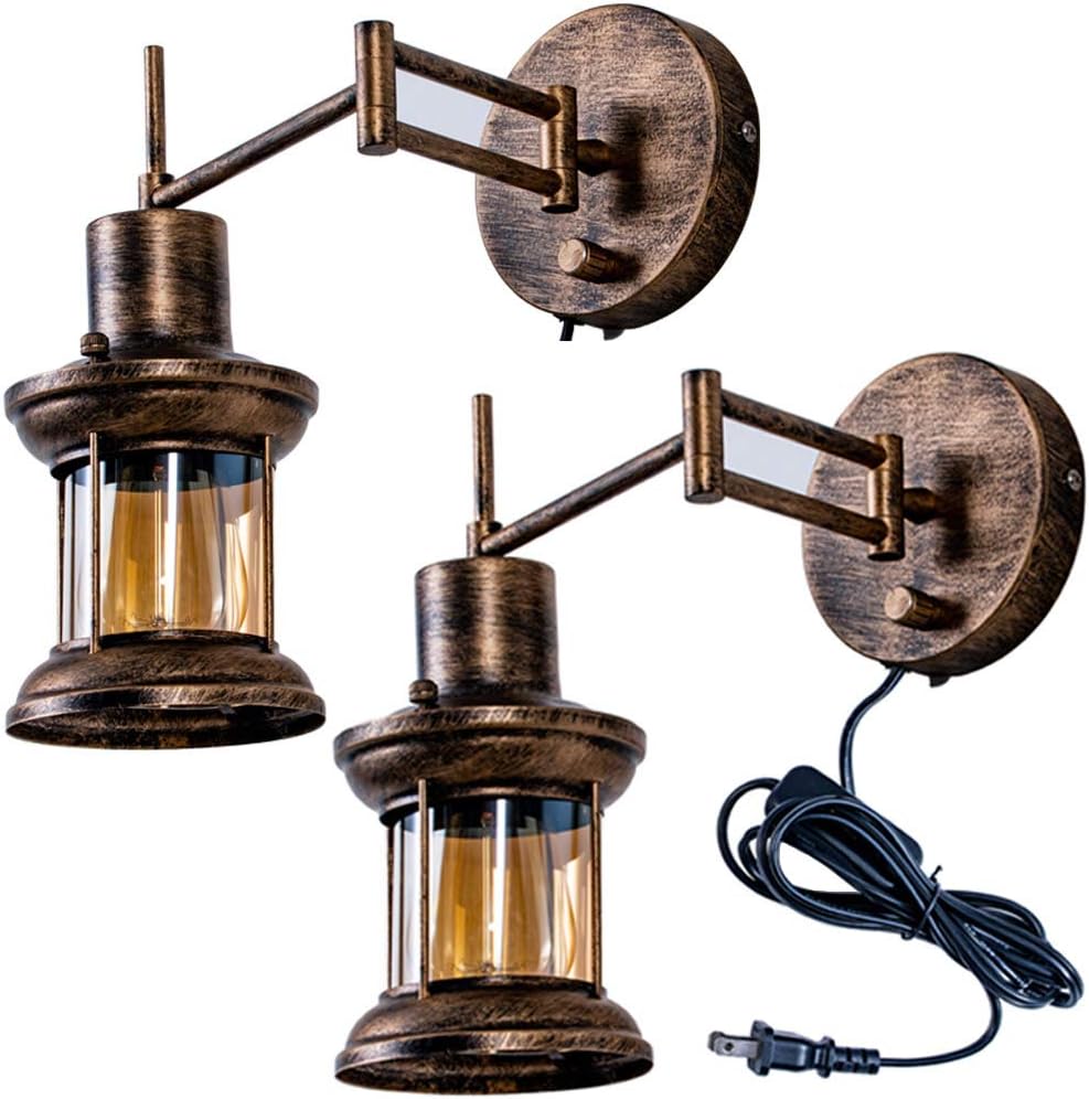 Wall Sconce Light Fixture Swing Arm Oil Rubbed Bronze Flourim Industrial Rustic Retro Indoor Lighting Vintage Wall Lamp with Clear Glass 110V Plug-in for Bar Bedroom Bedside Porch Hallway(2 Pack)